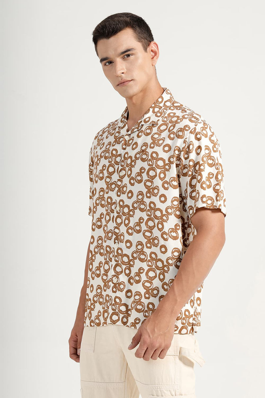 BASICS RELAXED FIT BEIGE COCOA VISCOSE PRINTED HALFSLEEVES SHIRT
