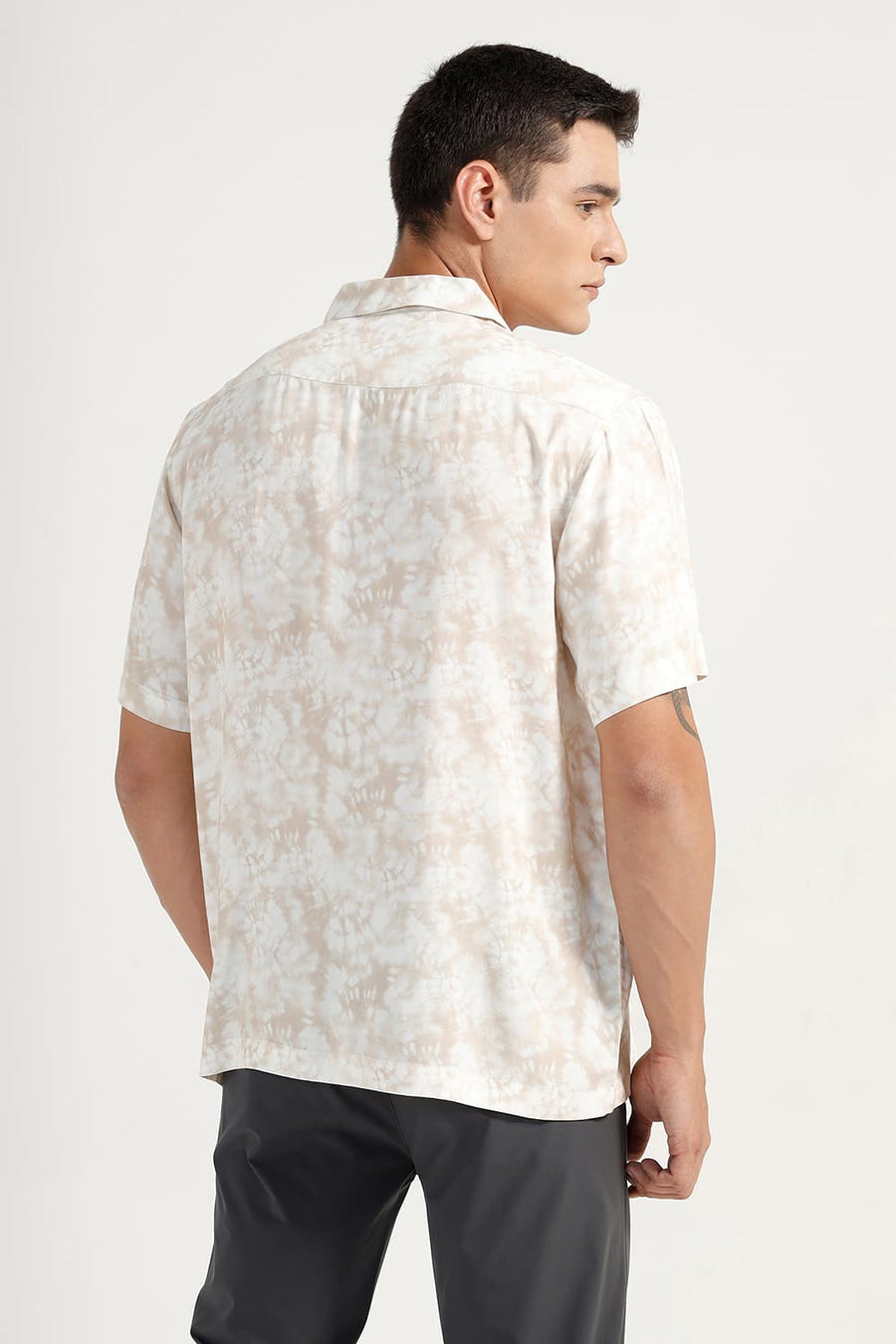 BASICS RELAXED FIT BEIGE RICE VISCOSE DIGITAL PRINTED HALFSLEEVES SHIRT