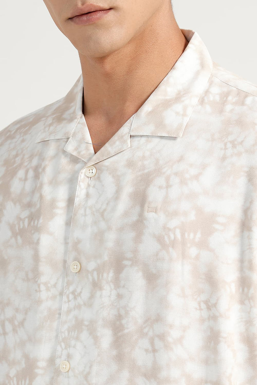 BASICS RELAXED FIT BEIGE RICE VISCOSE DIGITAL PRINTED HALFSLEEVES SHIRT
