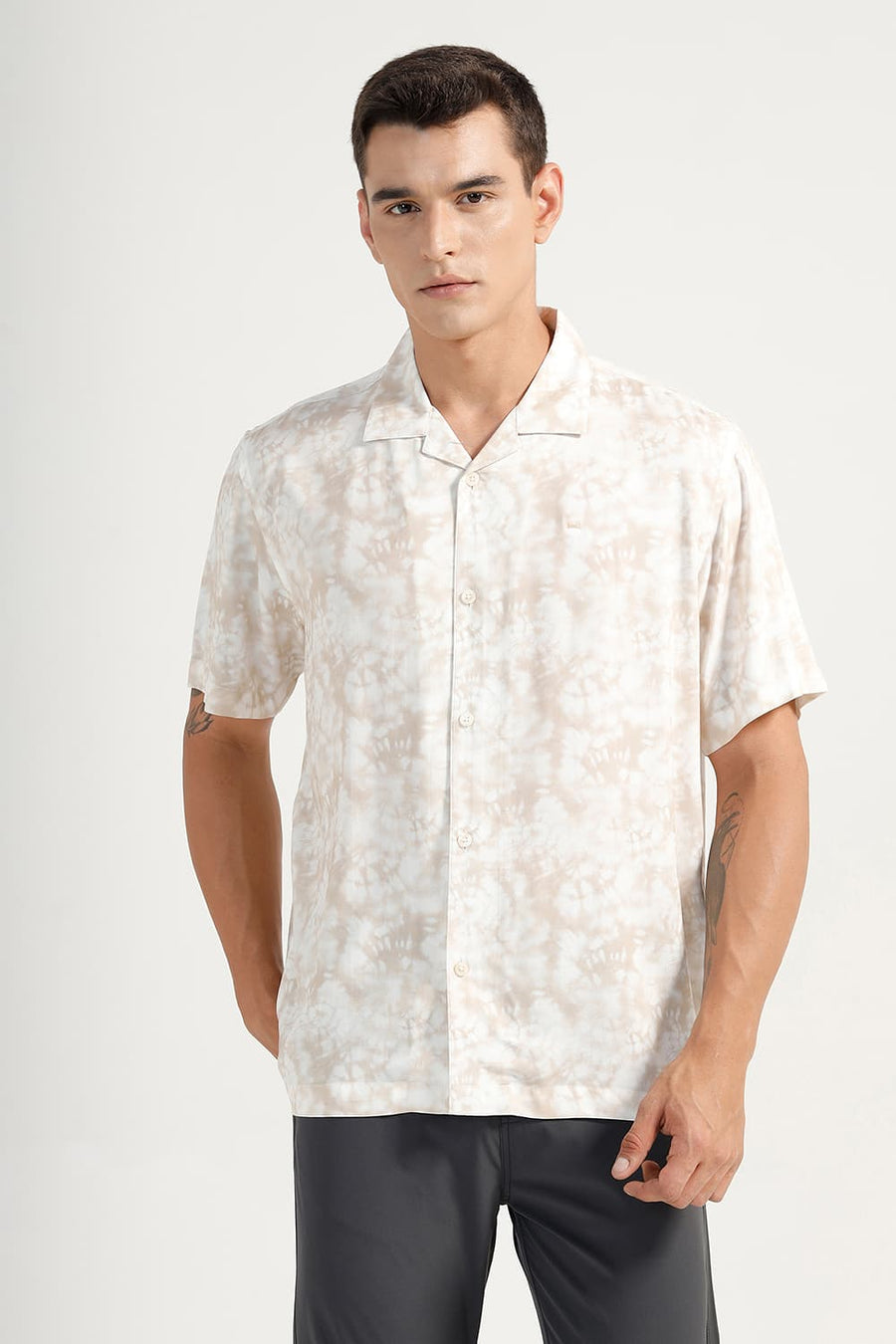 BASICS RELAXED FIT BEIGE RICE VISCOSE DIGITAL PRINTED HALFSLEEVES SHIRT