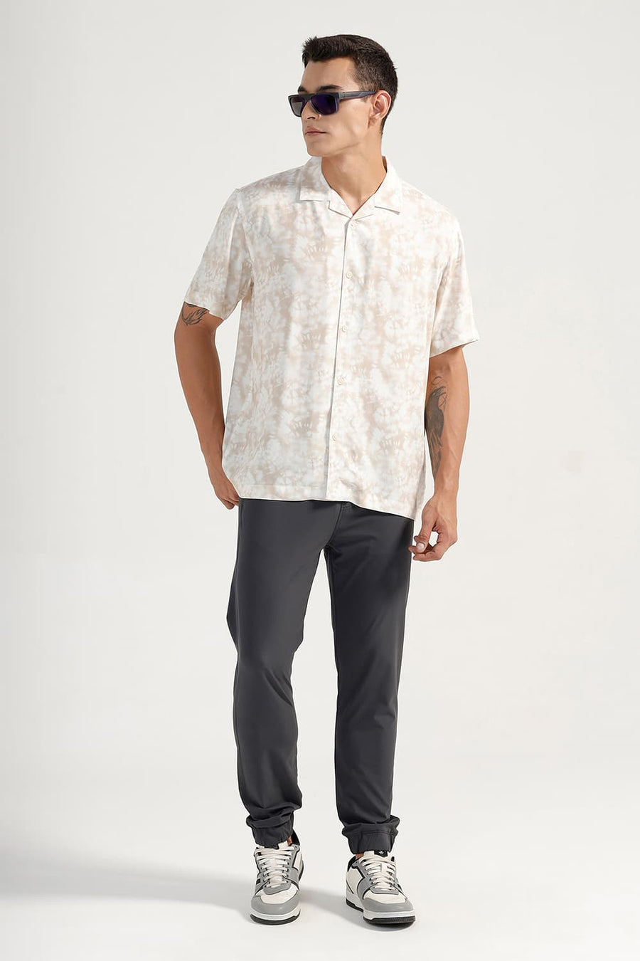 BASICS RELAXED FIT BEIGE RICE VISCOSE DIGITAL PRINTED HALFSLEEVES SHIRT
