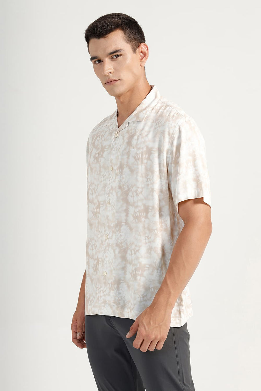 BASICS RELAXED FIT BEIGE RICE VISCOSE DIGITAL PRINTED HALFSLEEVES SHIRT