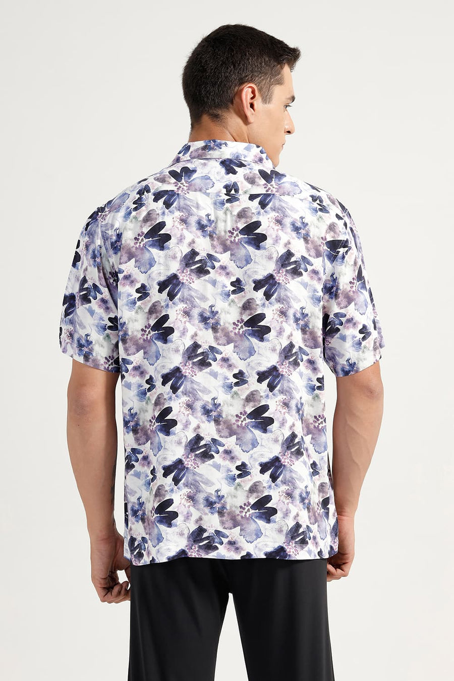 BASICS RELAXED FIT PLUM PURPLE VISCOSE DIGITAL PRINTED HALFSLEEVES SHIRT