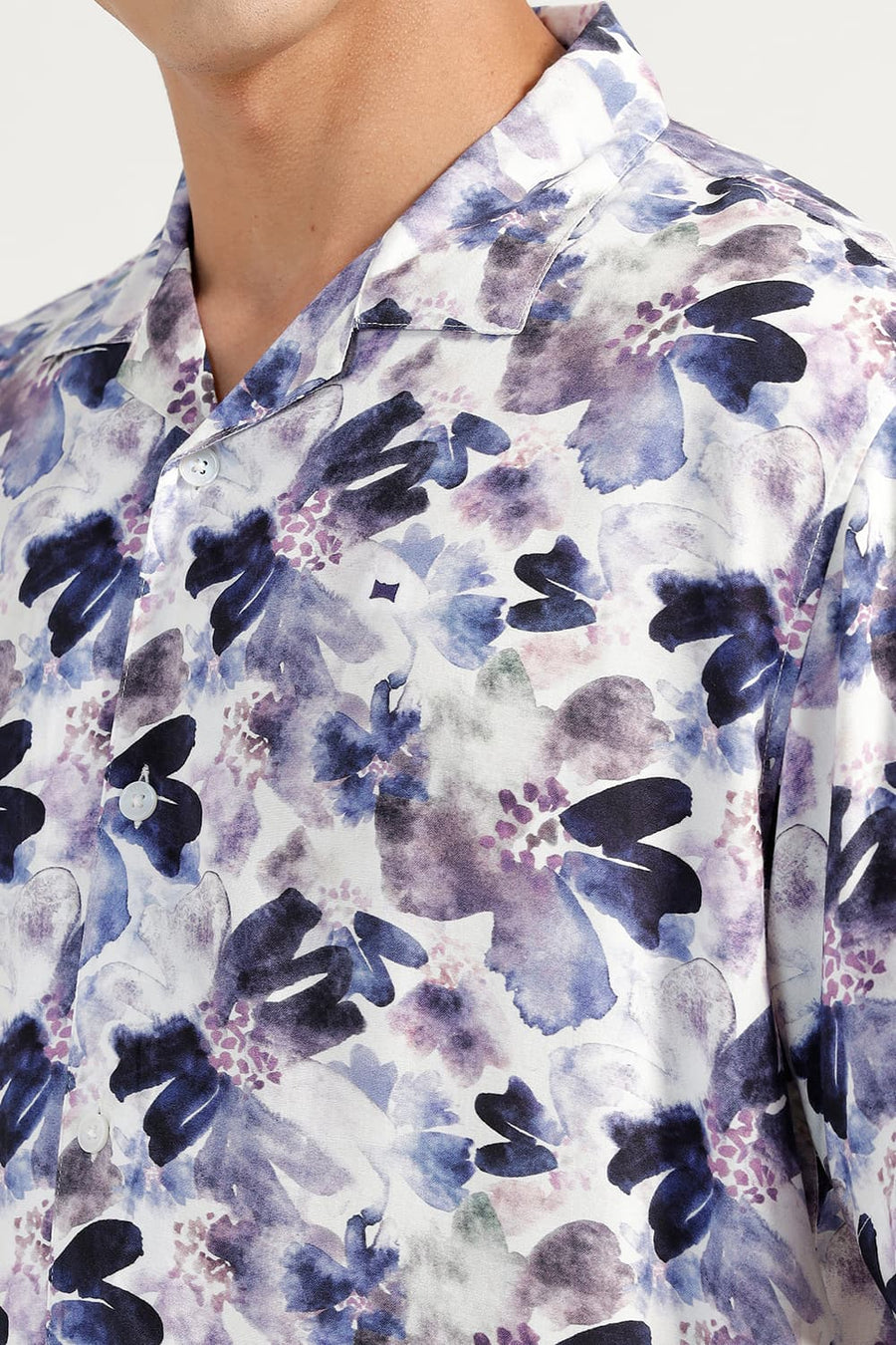 BASICS RELAXED FIT PLUM PURPLE VISCOSE DIGITAL PRINTED HALFSLEEVES SHIRT