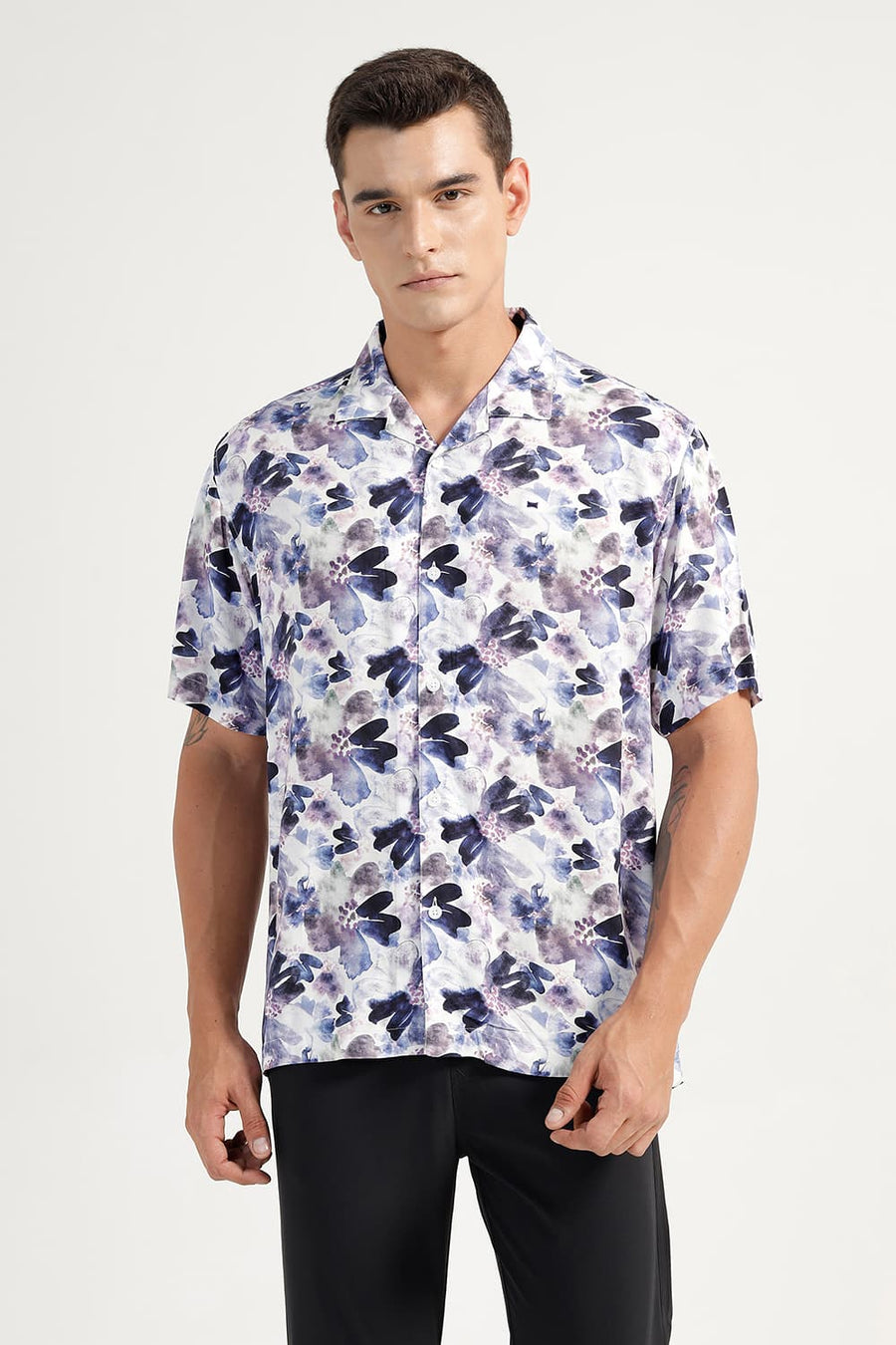 BASICS RELAXED FIT PLUM PURPLE VISCOSE DIGITAL PRINTED HALFSLEEVES SHIRT