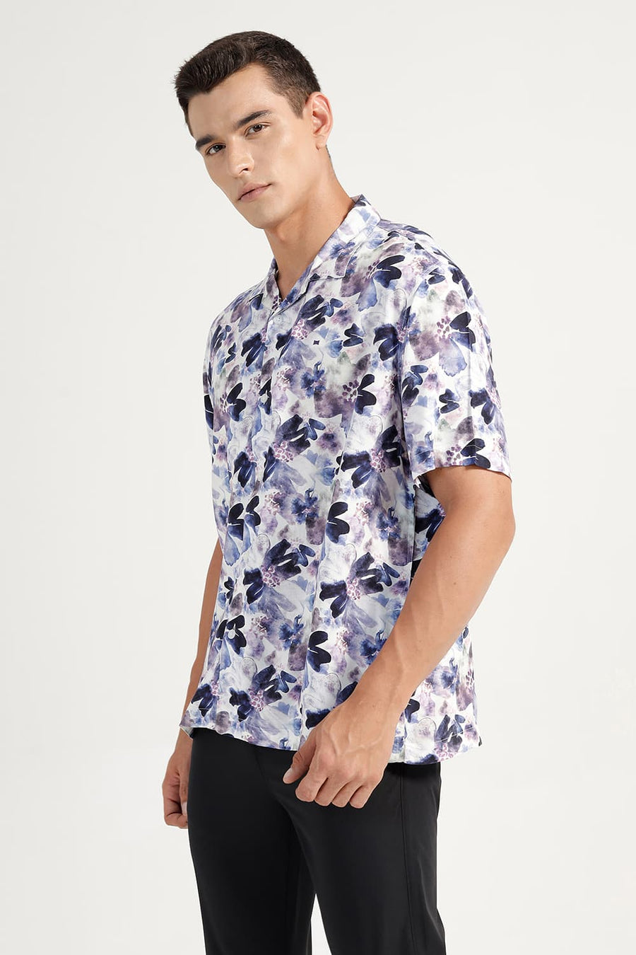 BASICS RELAXED FIT PLUM PURPLE VISCOSE DIGITAL PRINTED HALFSLEEVES SHIRT