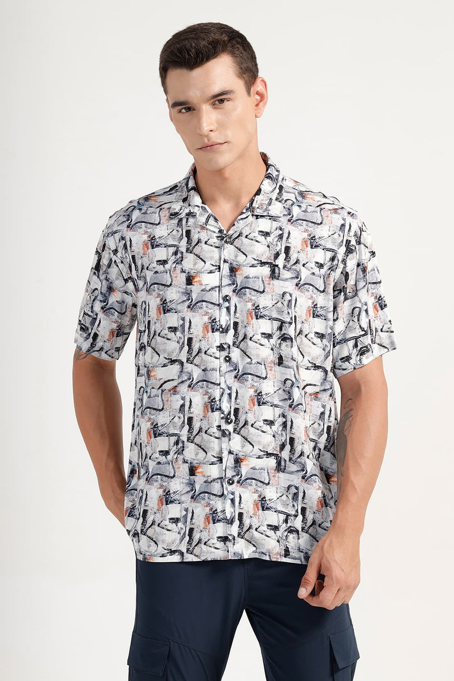 BASICS RELAXED FIT MAPLE GREY VISCOSE DIGITAL PRINTED HALFSLEEVES SHIRT