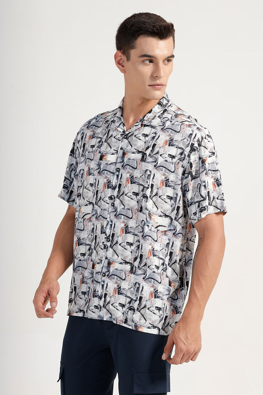 BASICS RELAXED FIT MAPLE GREY VISCOSE DIGITAL PRINTED HALFSLEEVES SHIRT