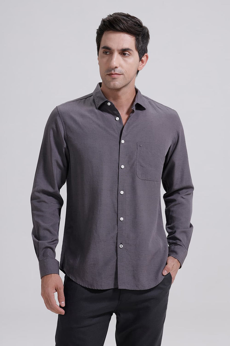 BASICS SLIM FIT BOULEVARD GREY LYOCELL LINEN SHIRT
