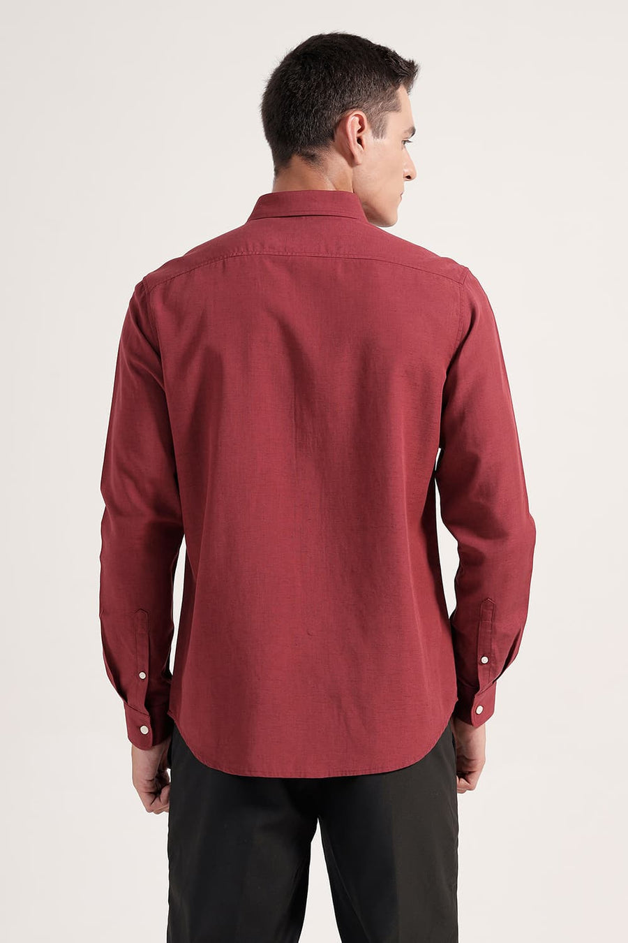 BASICS SLIM FIT BURNT MAROON LYOCELL LINEN SHIRT
