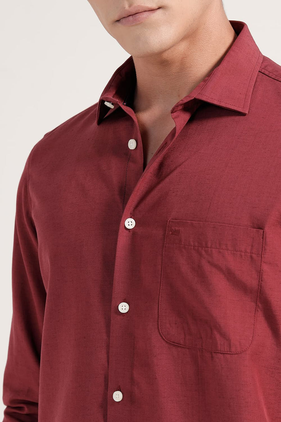BASICS SLIM FIT BURNT MAROON LYOCELL LINEN SHIRT