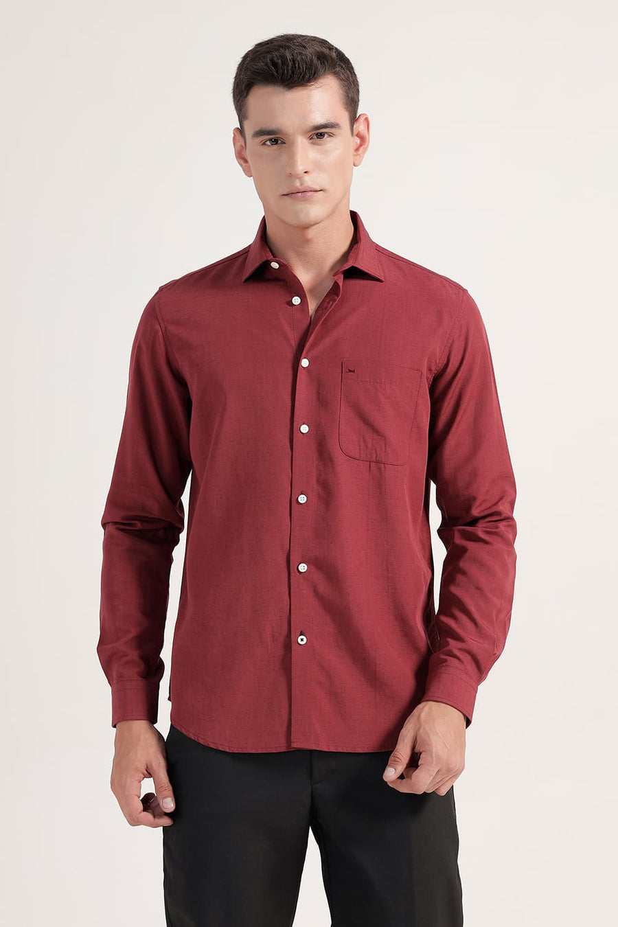 BASICS SLIM FIT BURNT MAROON LYOCELL LINEN SHIRT