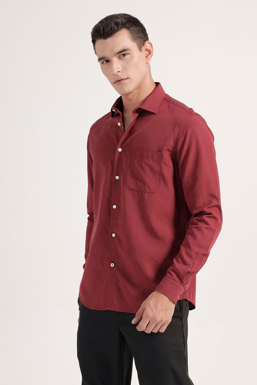 BASICS SLIM FIT BURNT MAROON LYOCELL LINEN SHIRT