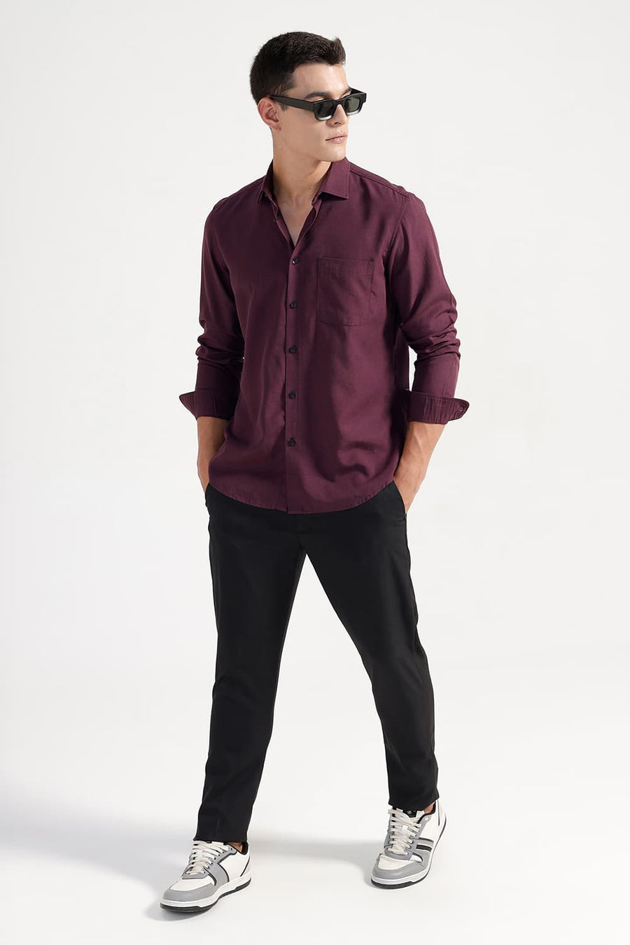 BASICS SLIM FIT FIG WINE LYOCELL LINEN SHIRT