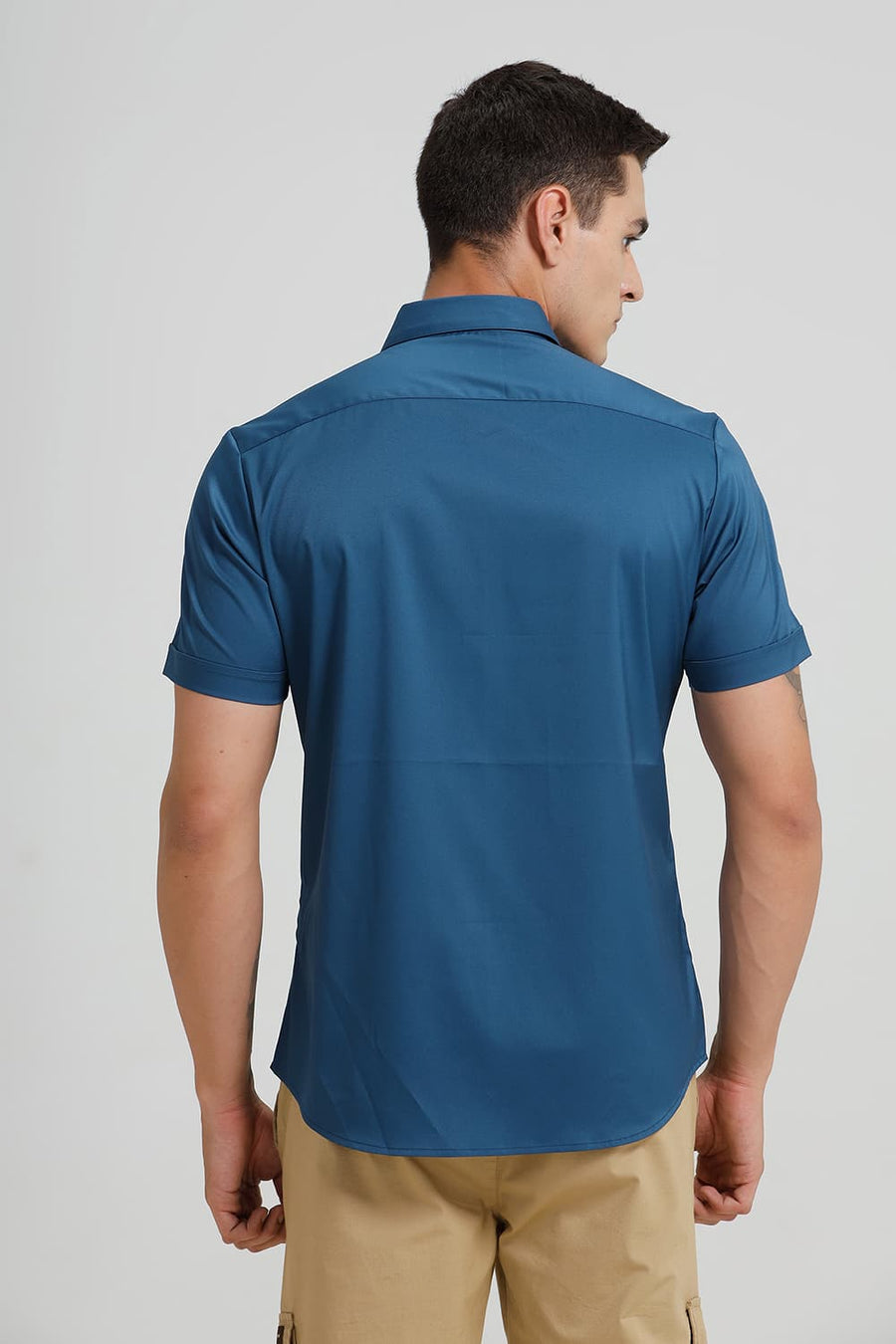 BASICS SLIM FIT TEAL SAPPHIRE POLYESTER STRETCH TWILL HALFSLEEVES SHIRT