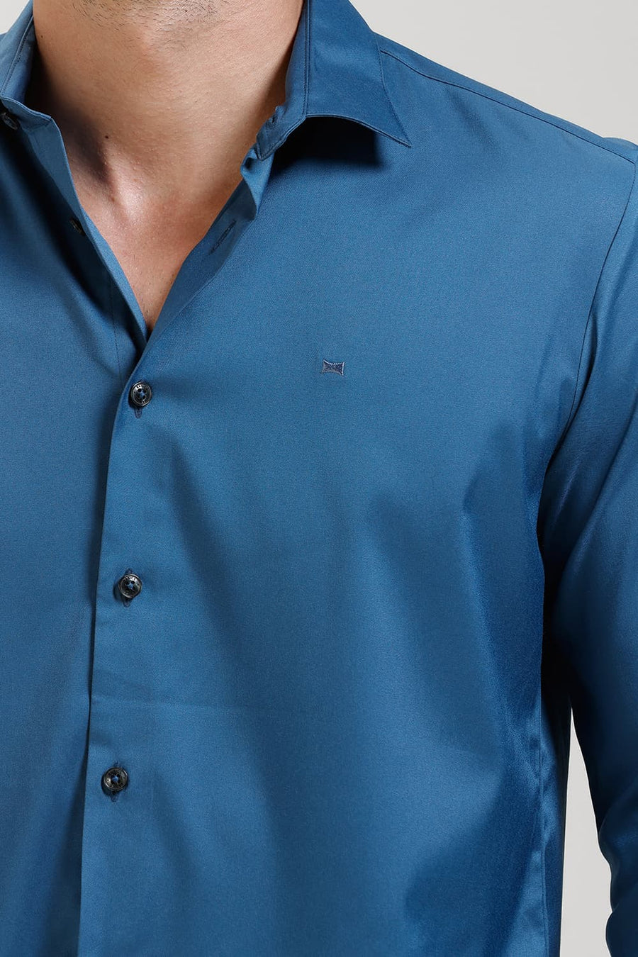 BASICS SLIM FIT TEAL SAPPHIRE POLYESTER STRETCH TWILL SHIRT