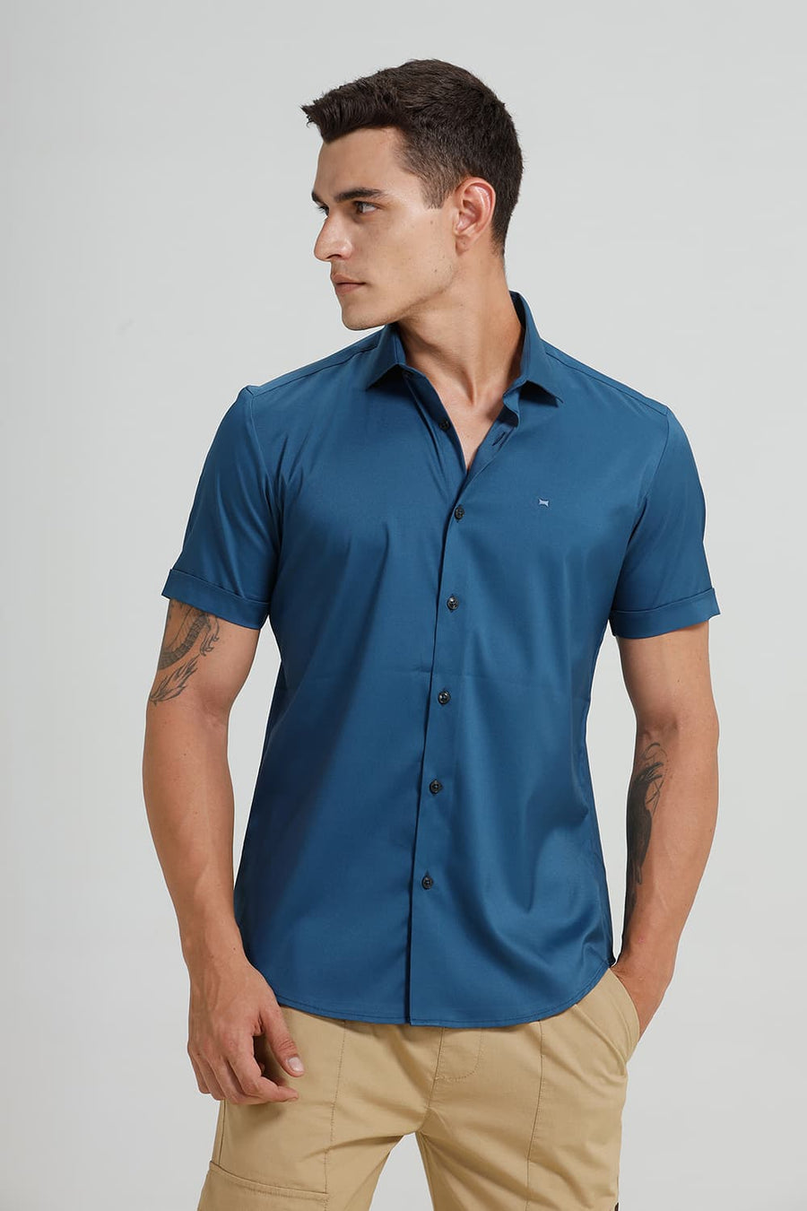 BASICS SLIM FIT TEAL SAPPHIRE POLYESTER STRETCH TWILL HALFSLEEVES SHIRT