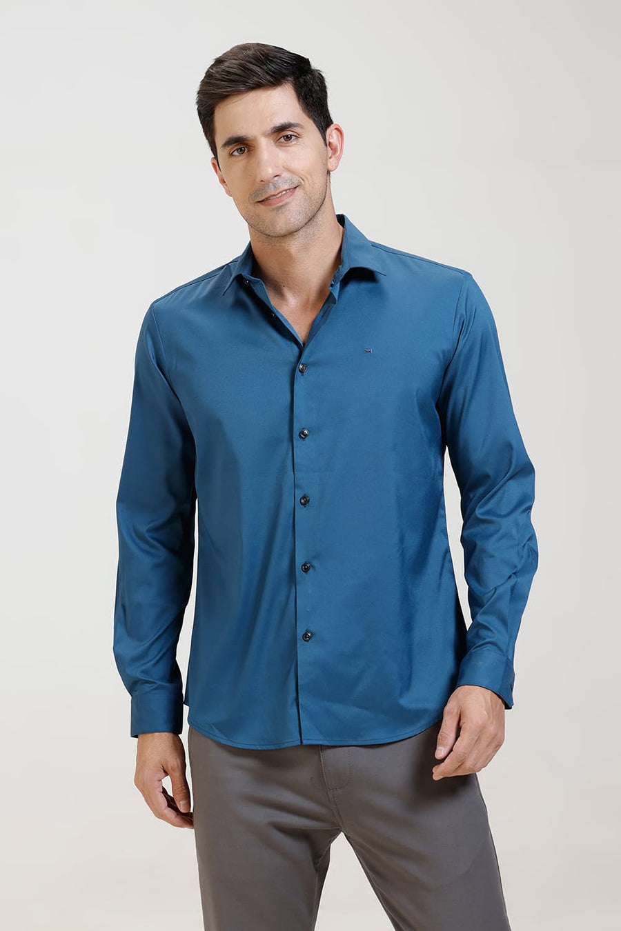 BASICS SLIM FIT TEAL SAPPHIRE POLYESTER STRETCH TWILL SHIRT