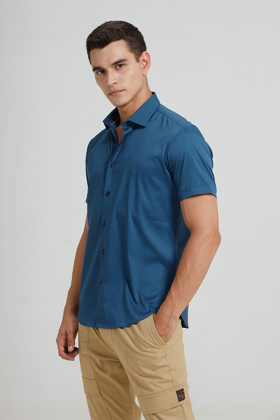 BASICS SLIM FIT TEAL SAPPHIRE POLYESTER STRETCH TWILL HALFSLEEVES SHIRT