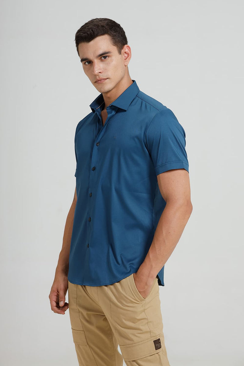 SLIM FIT POLYESTER STRETCH TWILL HALFSLEEVES SHIRT