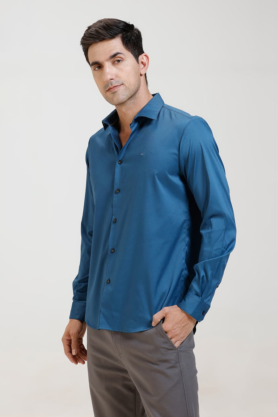 BASICS SLIM FIT TEAL SAPPHIRE POLYESTER STRETCH TWILL SHIRT