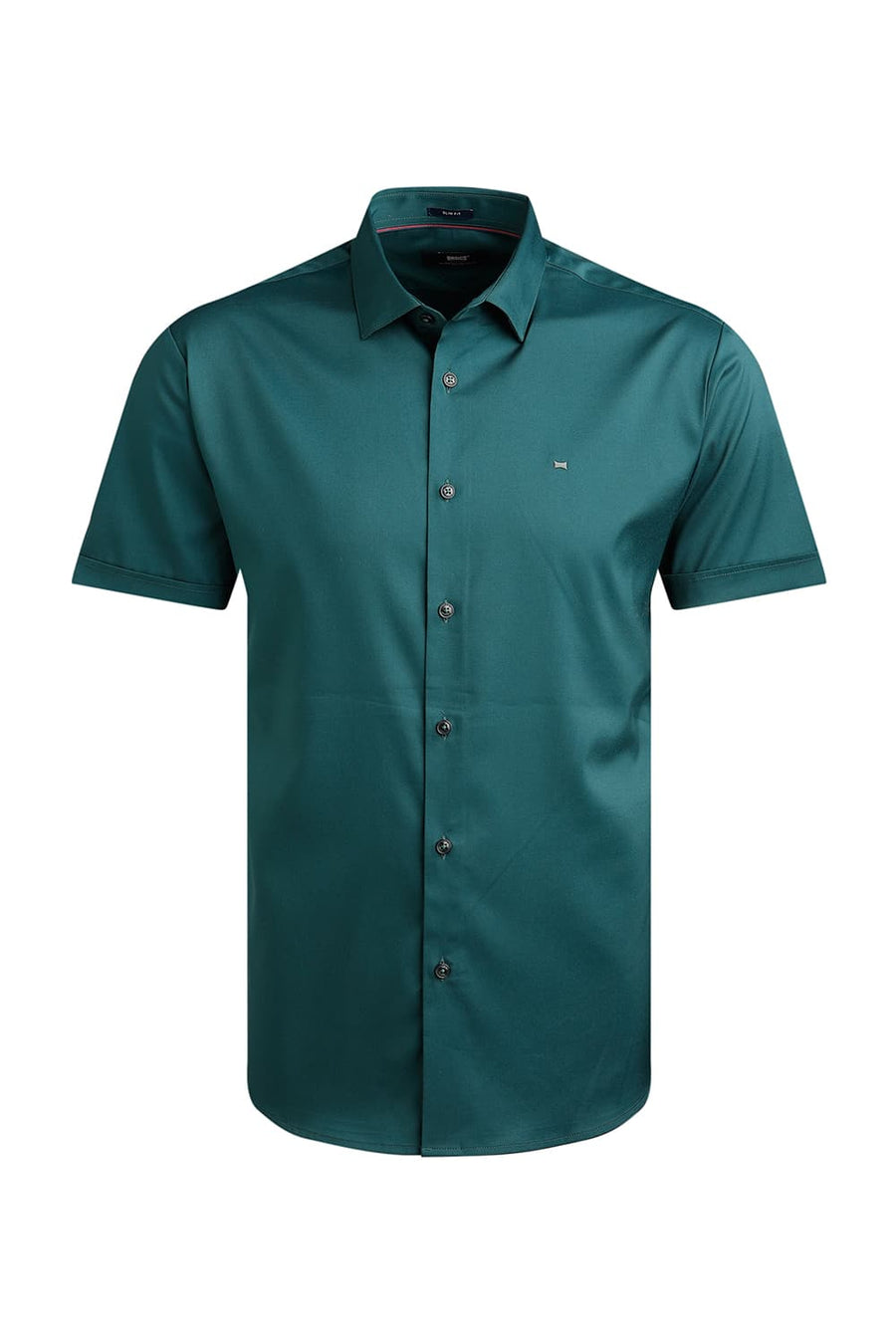 BASICS SLIM FIT JUNGLE GREEN POLYESTER STRETCH TWILL HALFSLEEVES SHIRT