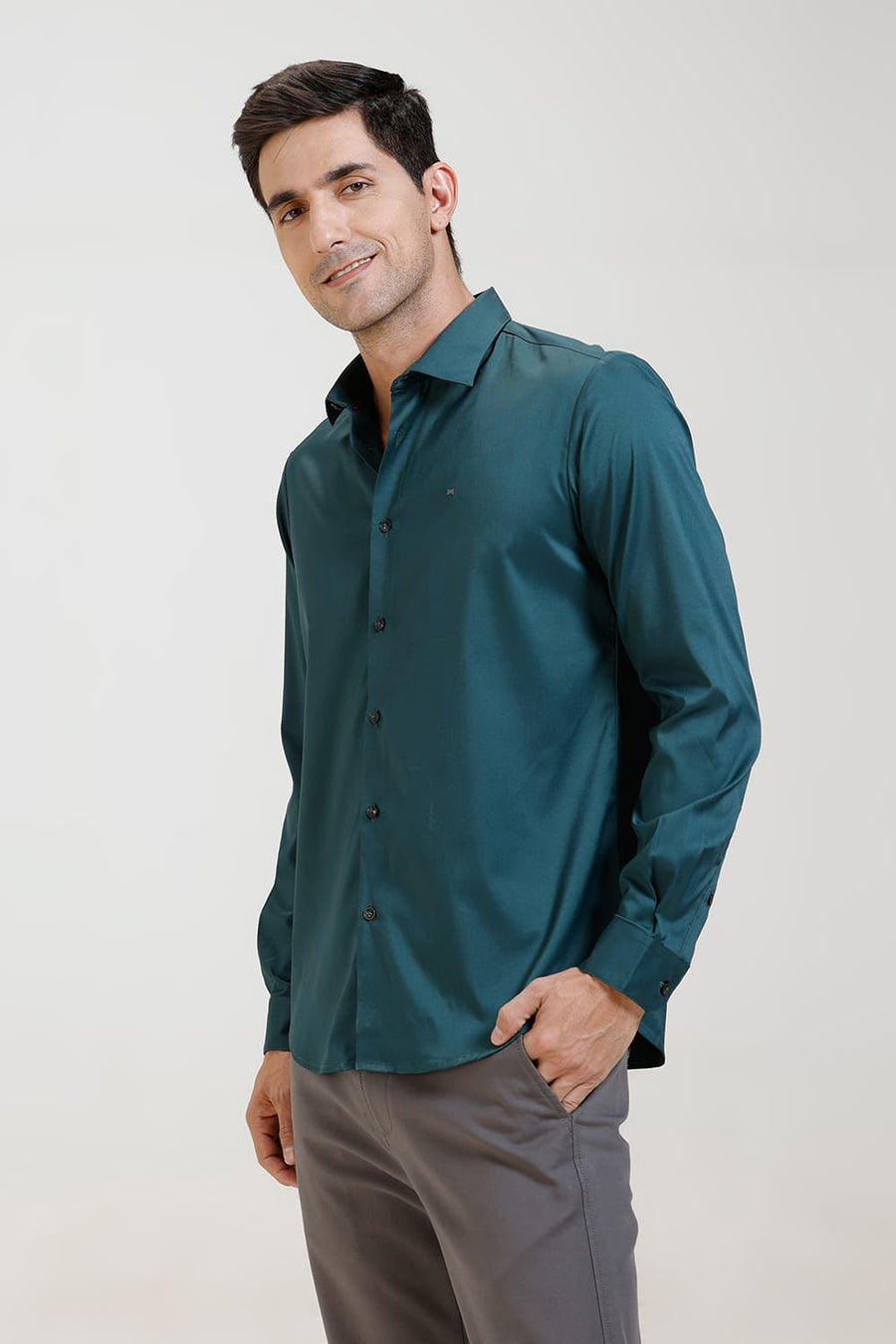 BASICS SLIM FIT JUNGLE GREEN POLYESTER STRETCH TWILL SHIRT