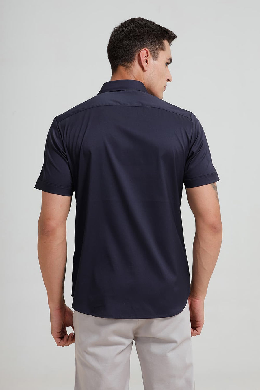 BASICS SLIM FIT NAVY IRIS POLYESTER STRETCH TWILL HALFSLEEVES SHIRT