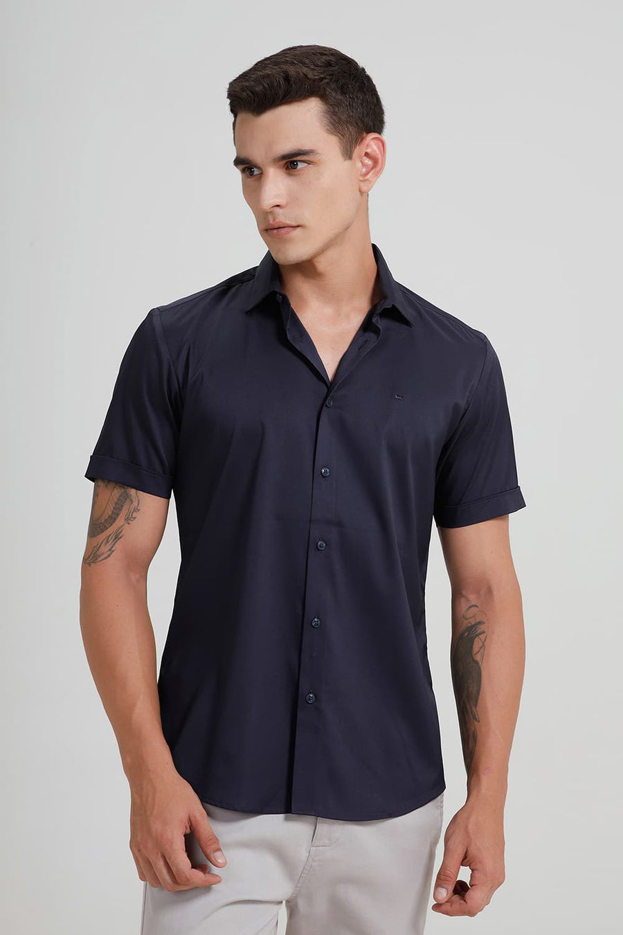 BASICS SLIM FIT NAVY IRIS POLYESTER STRETCH TWILL HALFSLEEVES SHIRT
