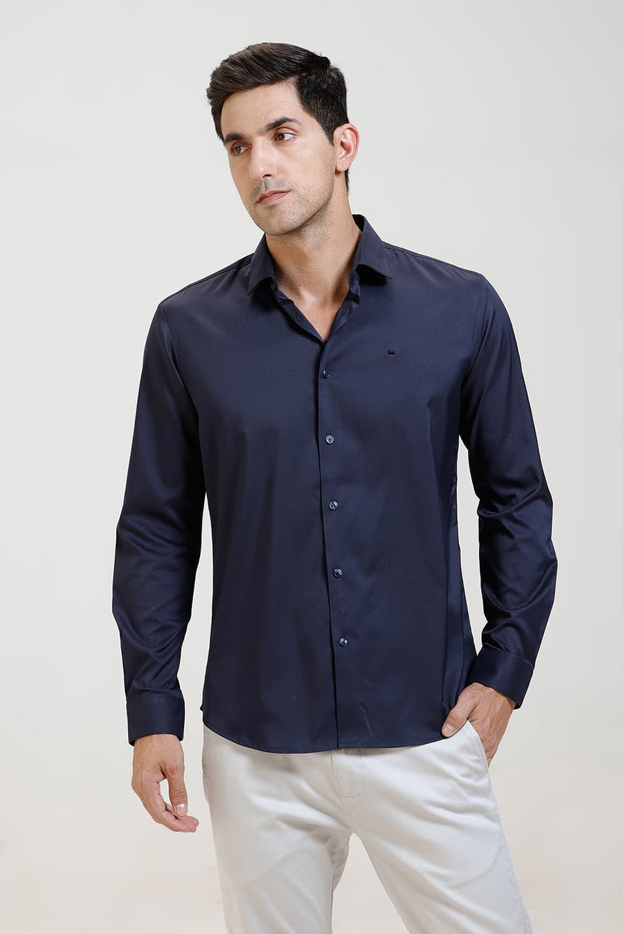 BASICS SLIM FIT NAVY IRIS POLYESTER STRETCH TWILL SHIRT