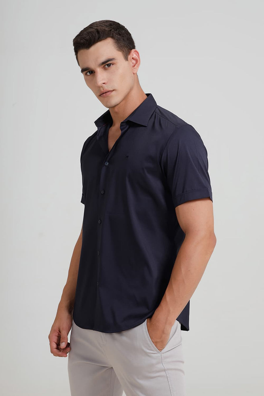 BASICS SLIM FIT NAVY IRIS POLYESTER STRETCH TWILL HALFSLEEVES SHIRT