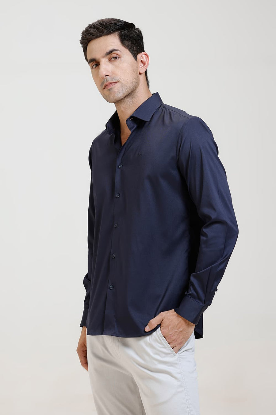 BASICS SLIM FIT NAVY IRIS POLYESTER STRETCH TWILL SHIRT