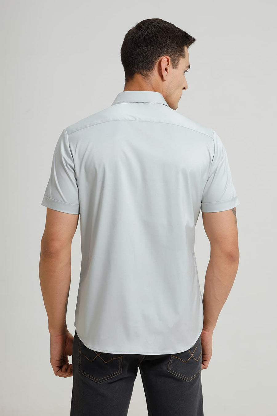 BASICS SLIM FIT MIRAGE GREY POLYESTER STRETCH TWILL HALFSLEEVES SHIRT