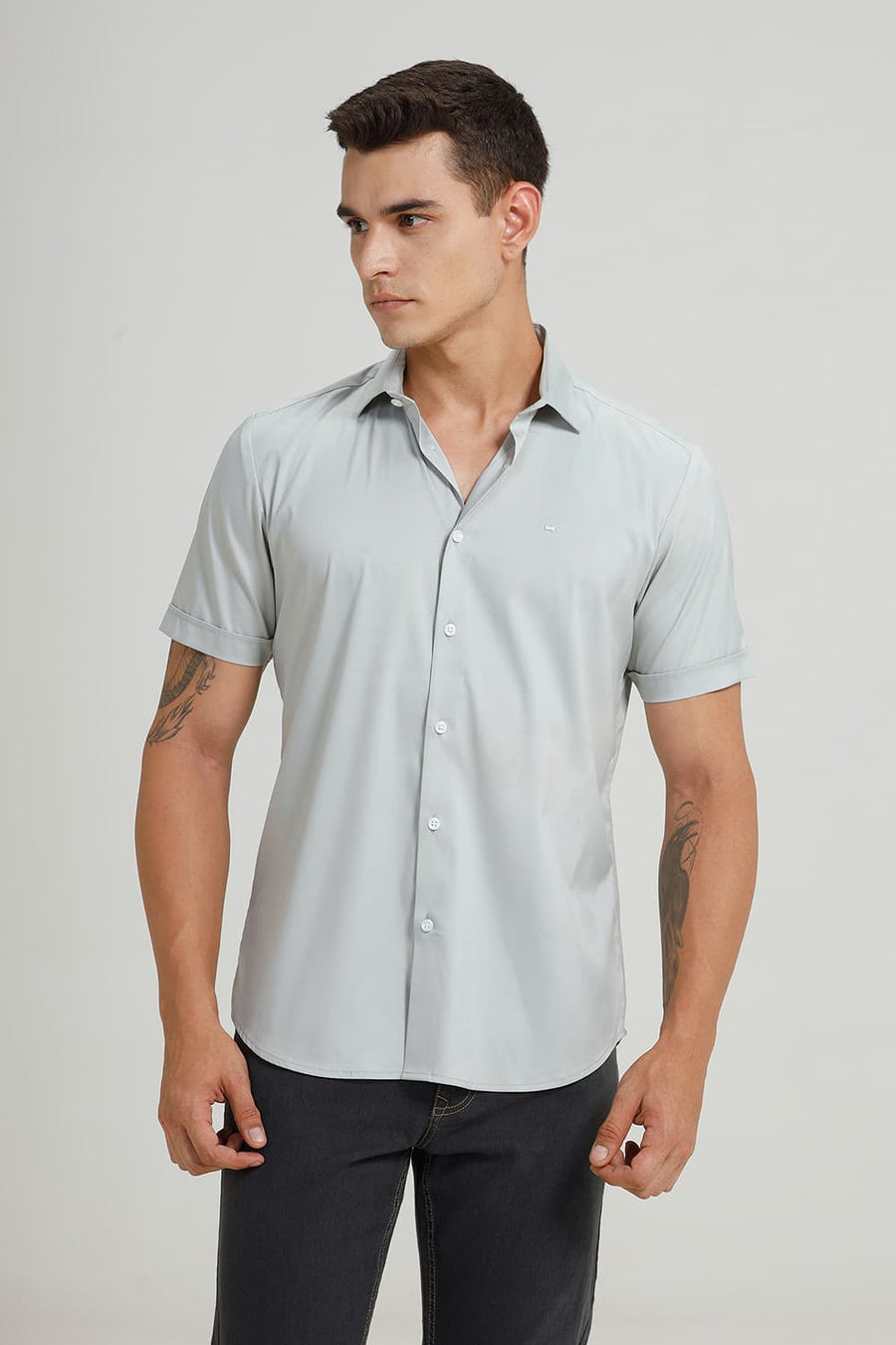 BASICS SLIM FIT MIRAGE GREY POLYESTER STRETCH TWILL HALFSLEEVES SHIRT