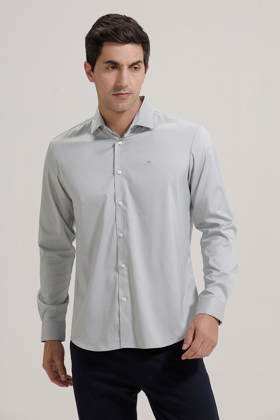 BASICS SLIM FIT MIRAGE GREY POLYESTER STRETCH TWILL SHIRT