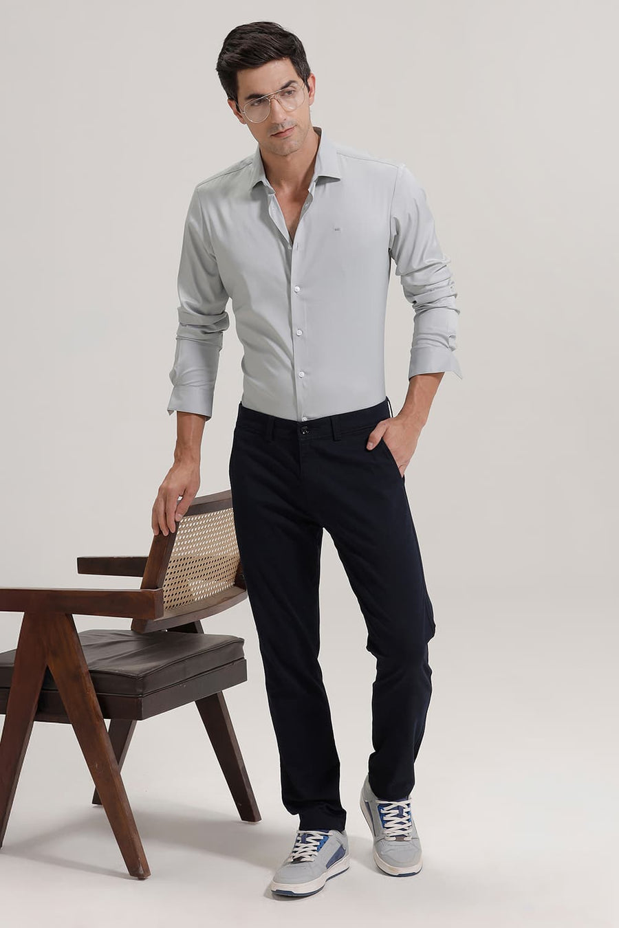 BASICS SLIM FIT MIRAGE GREY POLYESTER STRETCH TWILL SHIRT