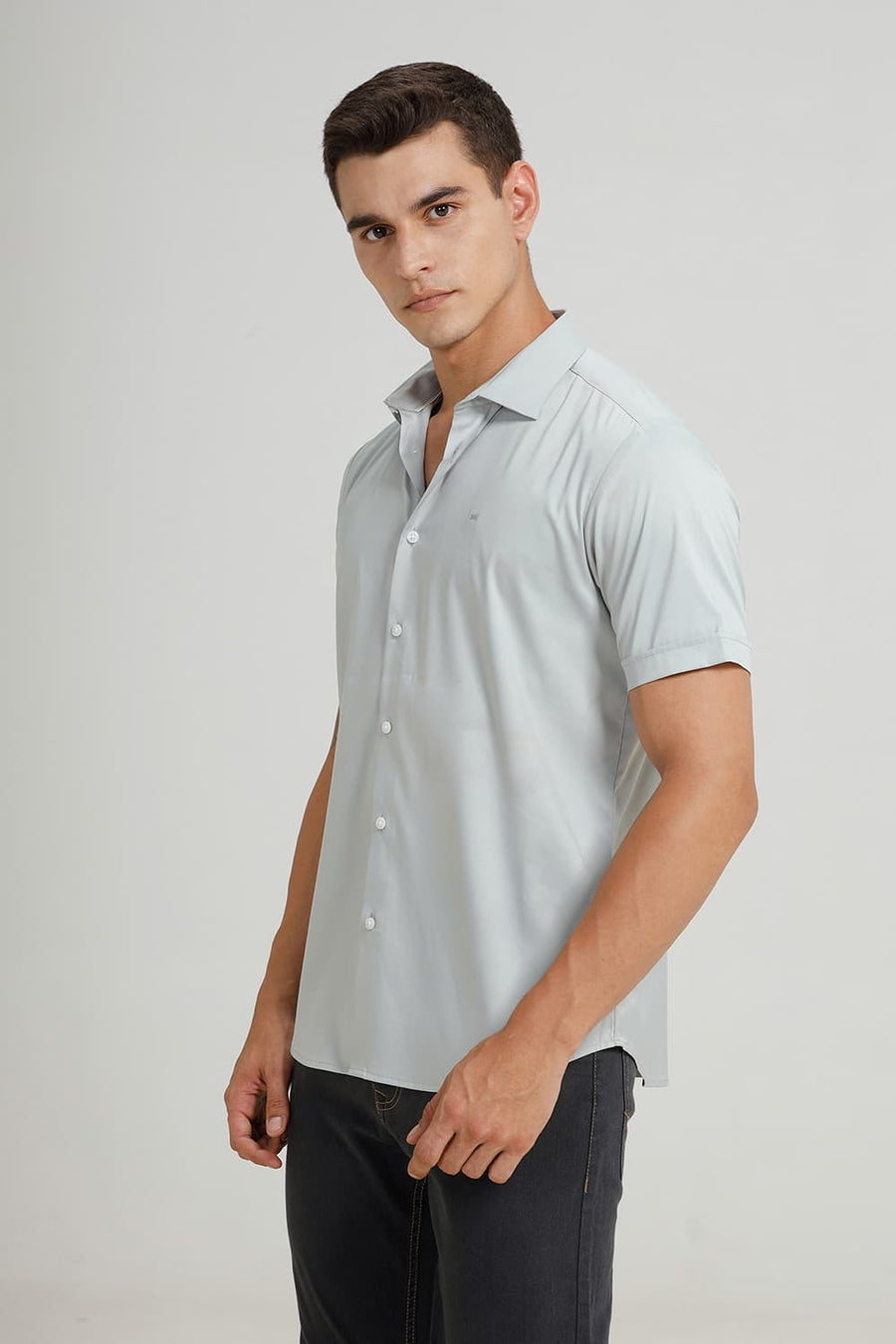 BASICS SLIM FIT MIRAGE GREY POLYESTER STRETCH TWILL HALFSLEEVES SHIRT