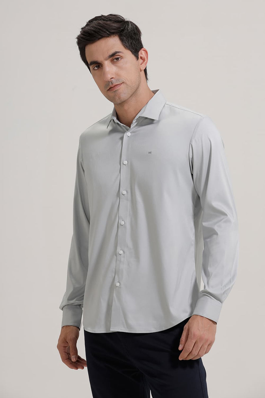 BASICS SLIM FIT MIRAGE GREY POLYESTER STRETCH TWILL SHIRT