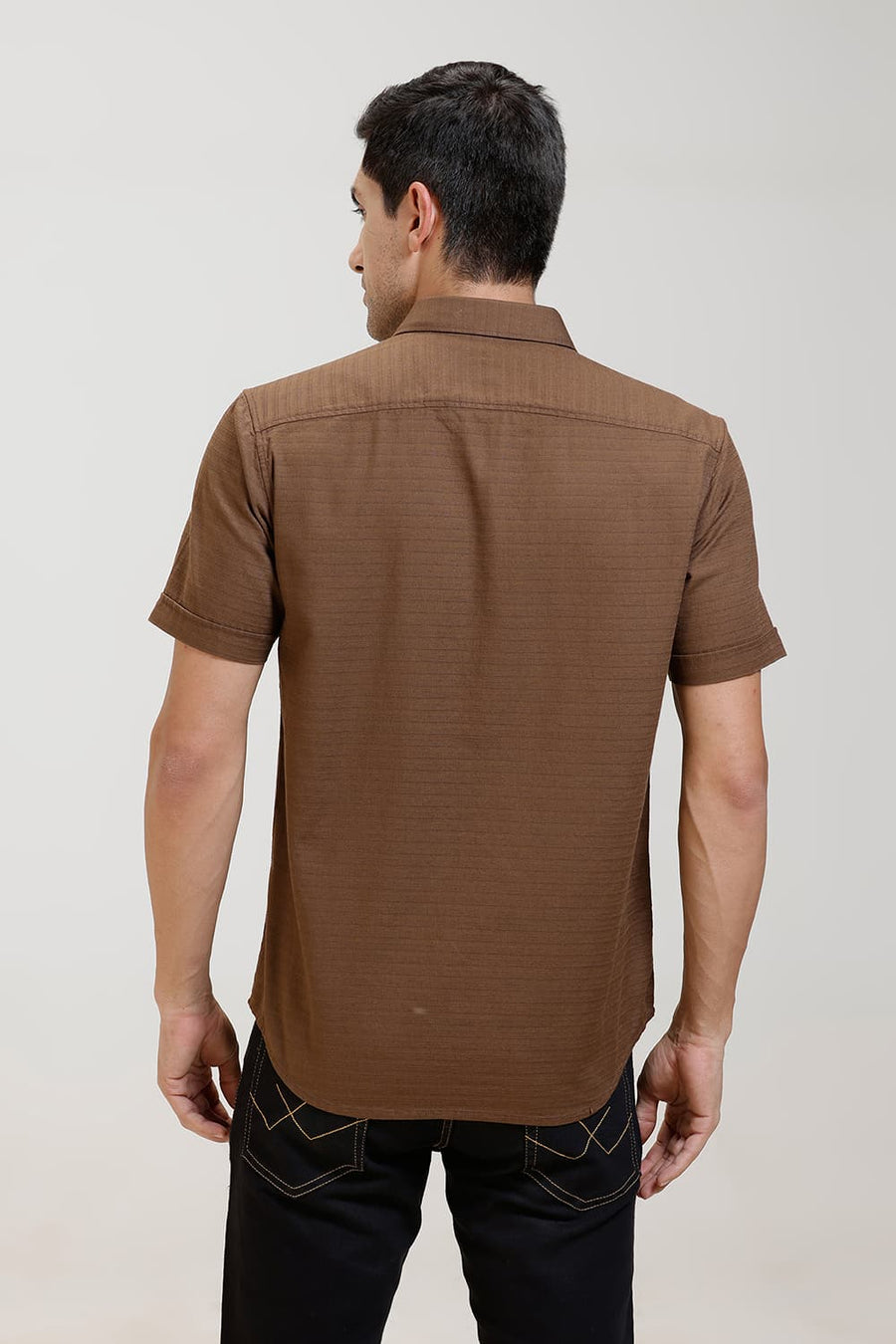 BASICS SLIM FIT BISON BROWN COTTON DOBBY WEFT STRIPE HALFSLEEVES SHIRT