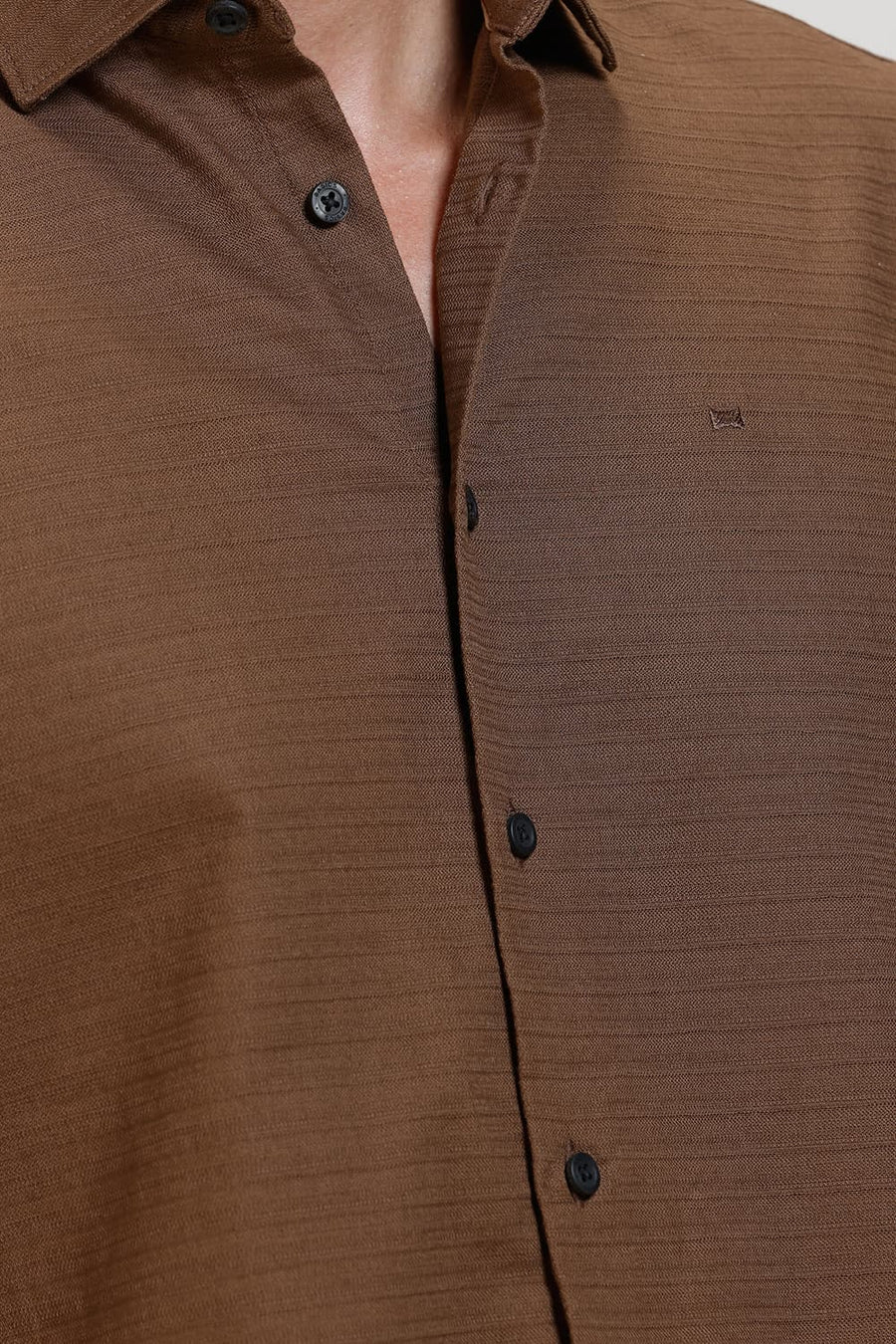 BASICS SLIM FIT BISON BROWN COTTON DOBBY WEFT STRIPE HALFSLEEVES SHIRT