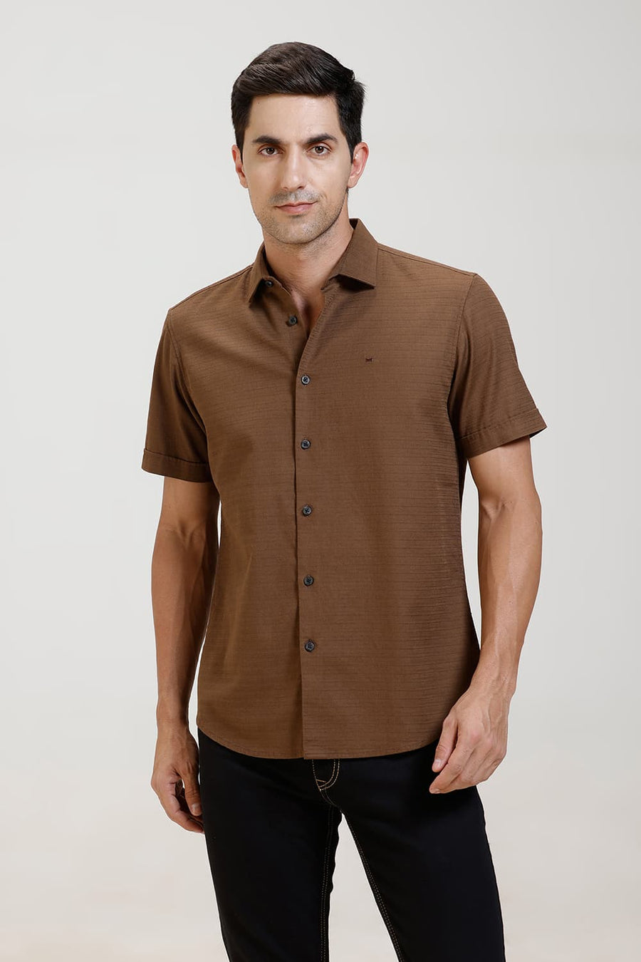 BASICS SLIM FIT BISON BROWN COTTON DOBBY WEFT STRIPE HALFSLEEVES SHIRT