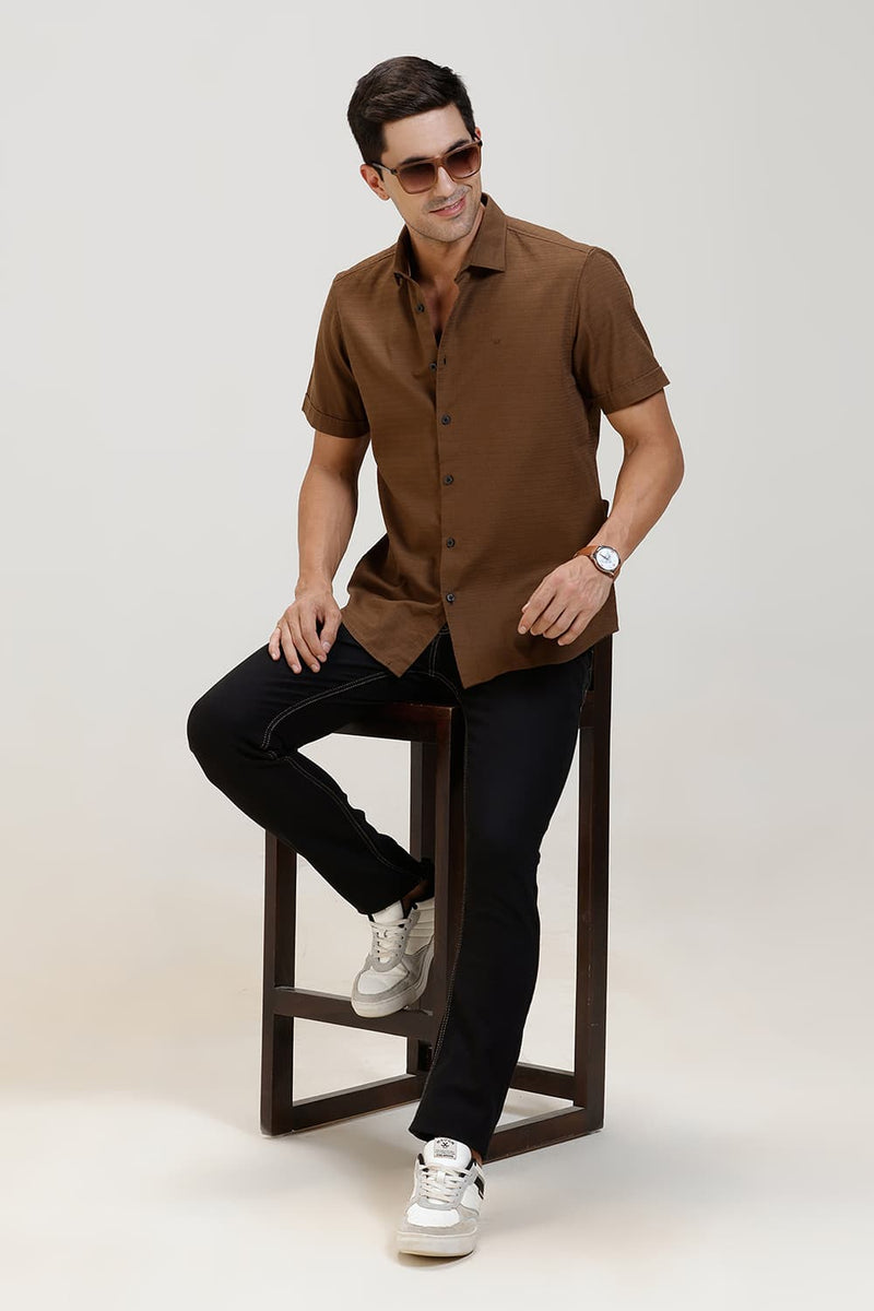 SLIM FIT COTTON DOBBY WEFT STRIPE HALFSLEEVES SHIRT