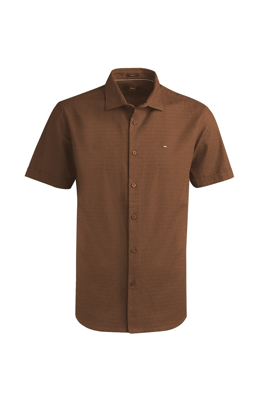 BASICS SLIM FIT BISON BROWN COTTON DOBBY WEFT STRIPE HALFSLEEVES SHIRT