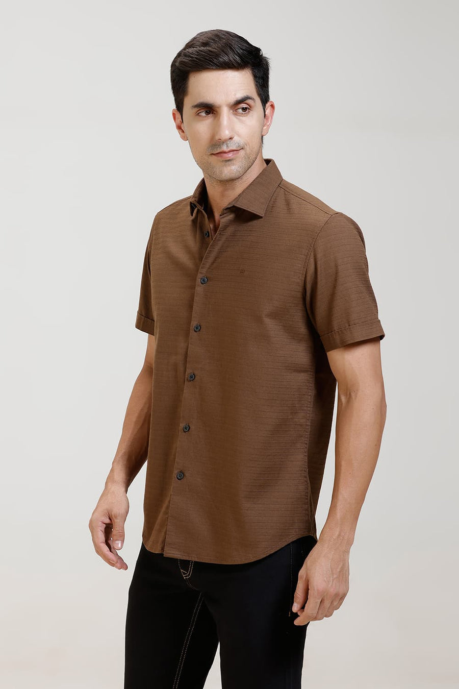 BASICS SLIM FIT BISON BROWN COTTON DOBBY WEFT STRIPE HALFSLEEVES SHIRT