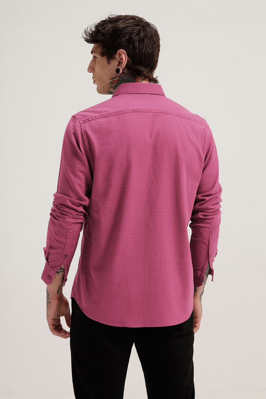 BASICS SLIM FIT PURPLE QUARTZ COTTON DOBBY WEFT STRIPE SHIRT