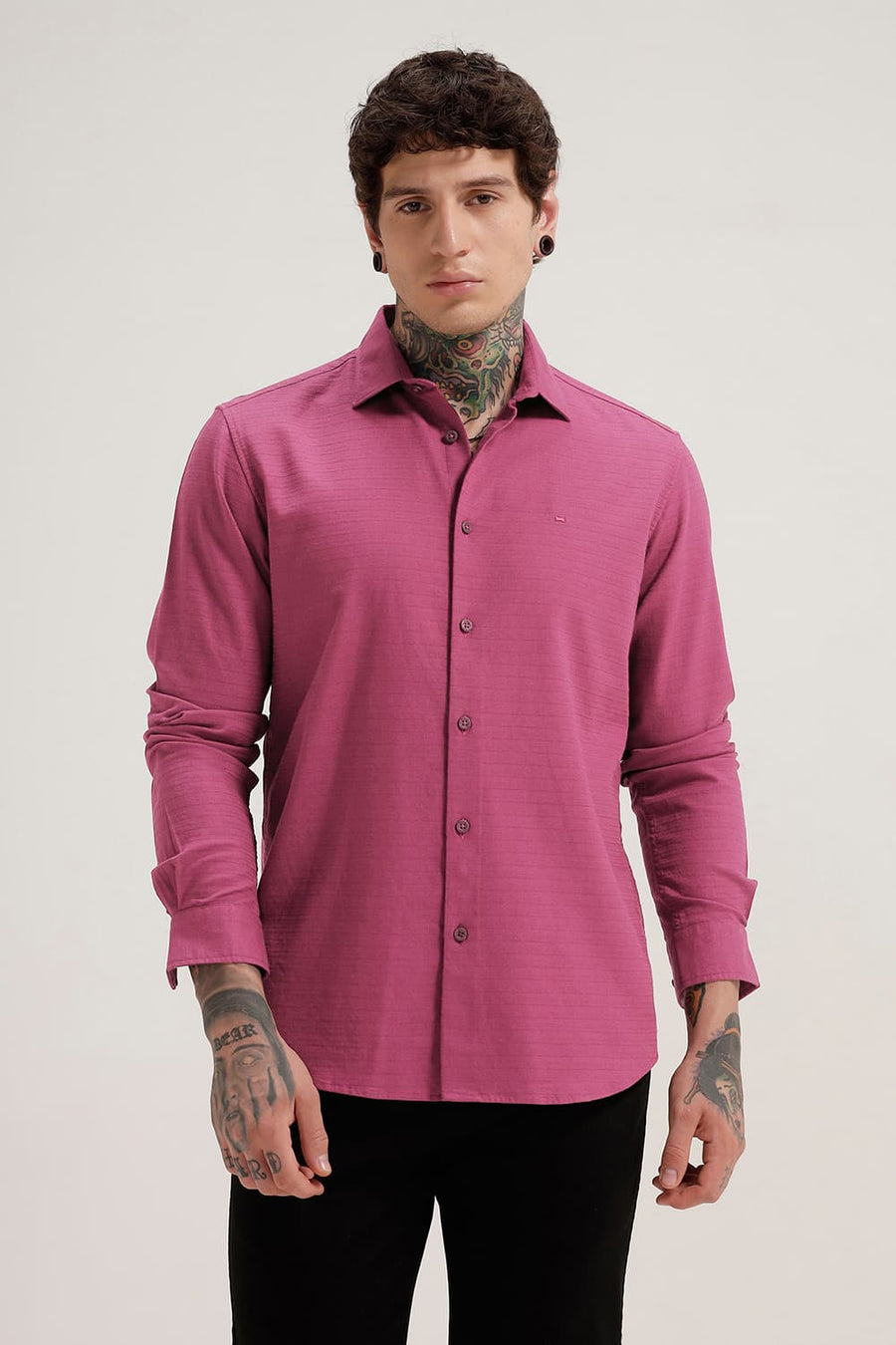 BASICS SLIM FIT PURPLE QUARTZ COTTON DOBBY WEFT STRIPE SHIRT