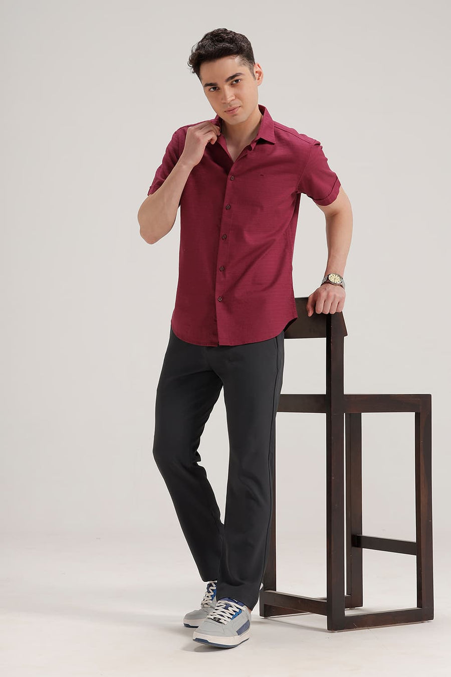 BASICS SLIM FIT PURPLE QUARTZ COTTON DOBBY WEFT STRIPE HALFSLEEVES SHIRT