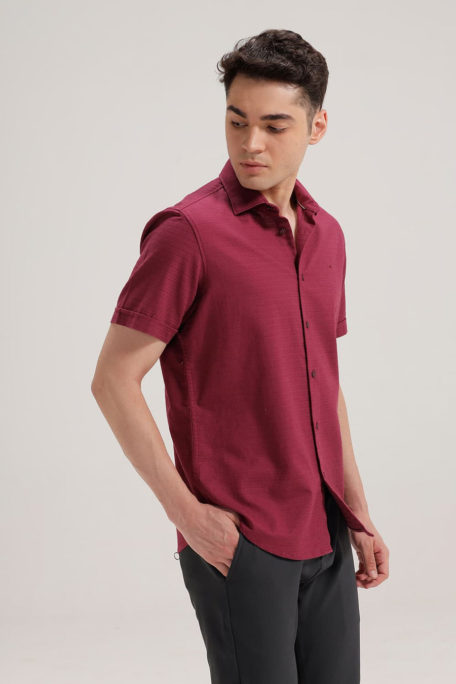 BASICS SLIM FIT PURPLE QUARTZ COTTON DOBBY WEFT STRIPE HALFSLEEVES SHIRT