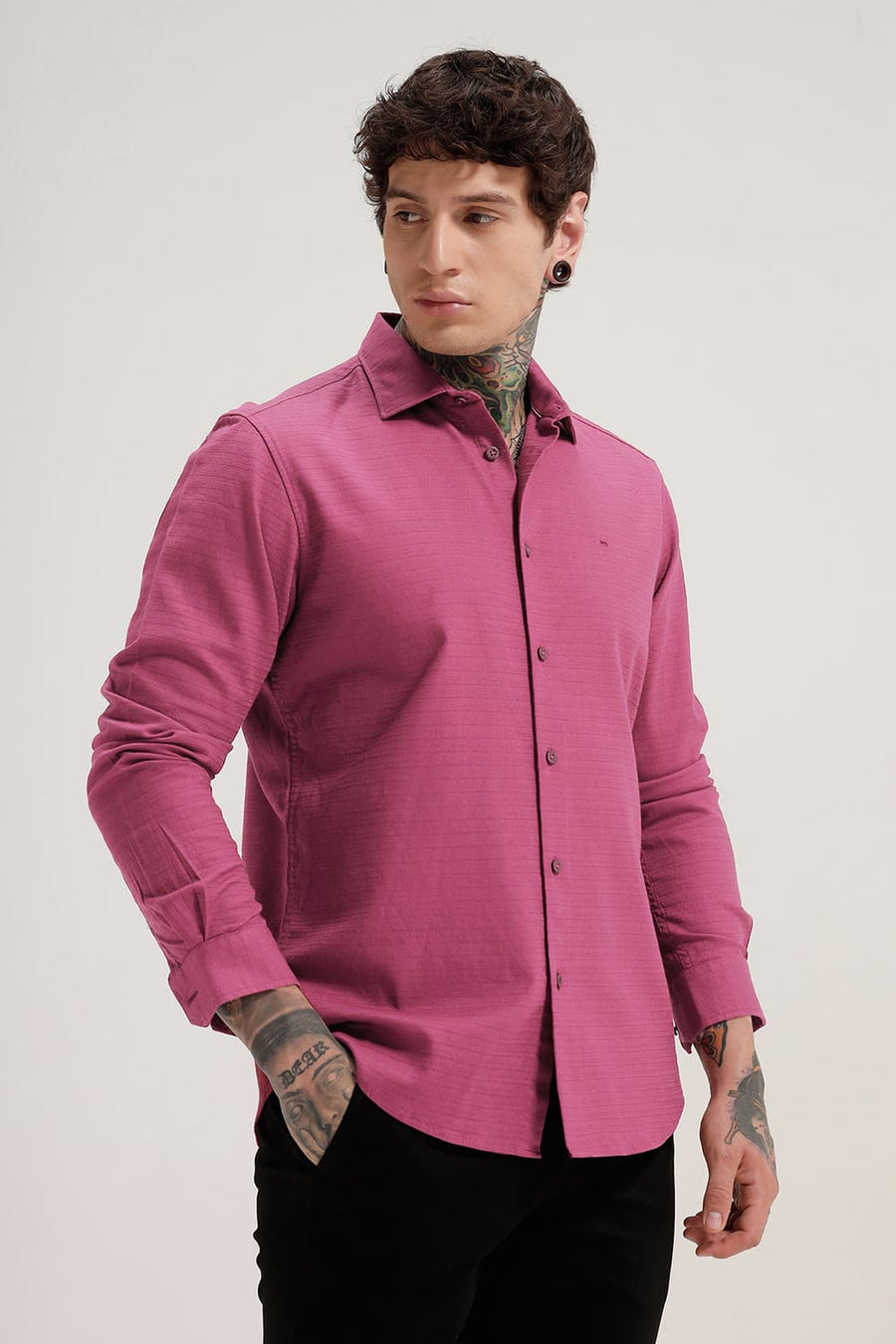 BASICS SLIM FIT PURPLE QUARTZ COTTON DOBBY WEFT STRIPE SHIRT