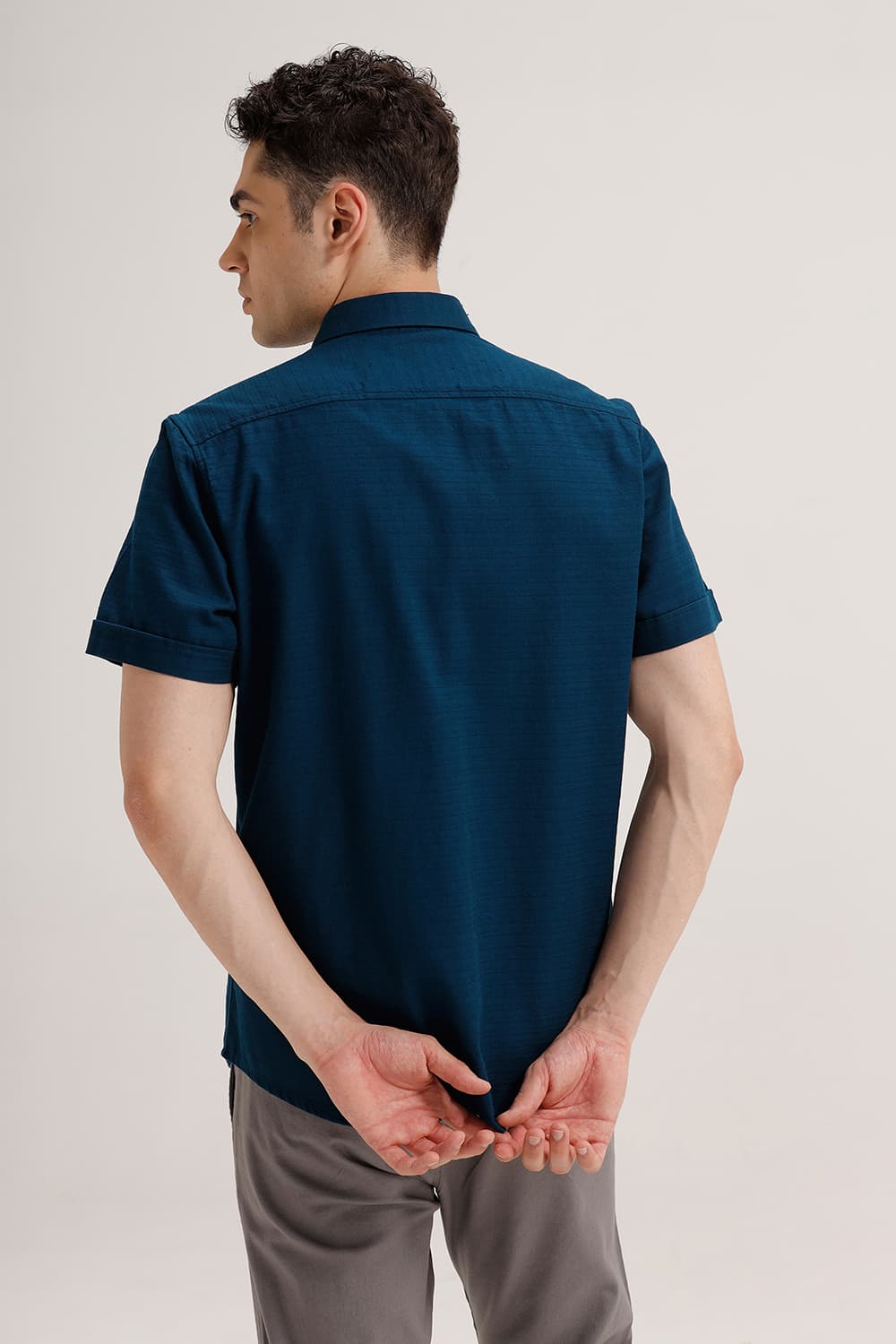 SLIM FIT COTTON DOBBY WEFT STRIPE HALFSLEEVES SHIRT